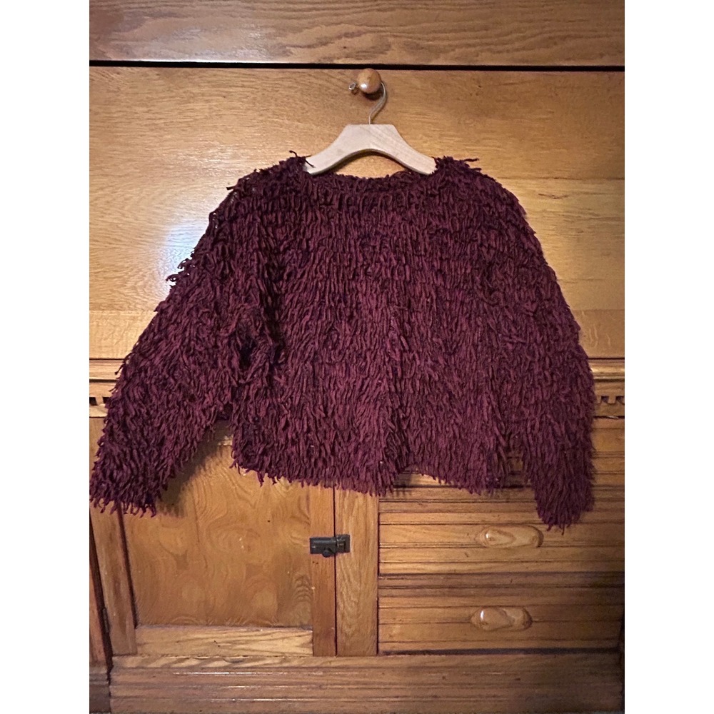 Zara W&B Y2K Whimsigoth Burgundy Shaggy Fringe Loop Knit Sweater Maroon Pullover